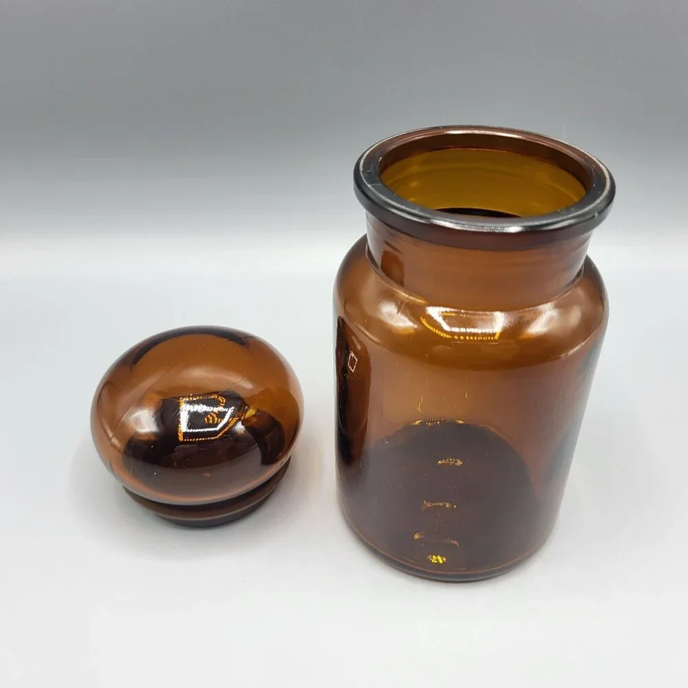 Vintage Amber Brown Glass Apothecary Jar With Bubble Lid Made In Belgium